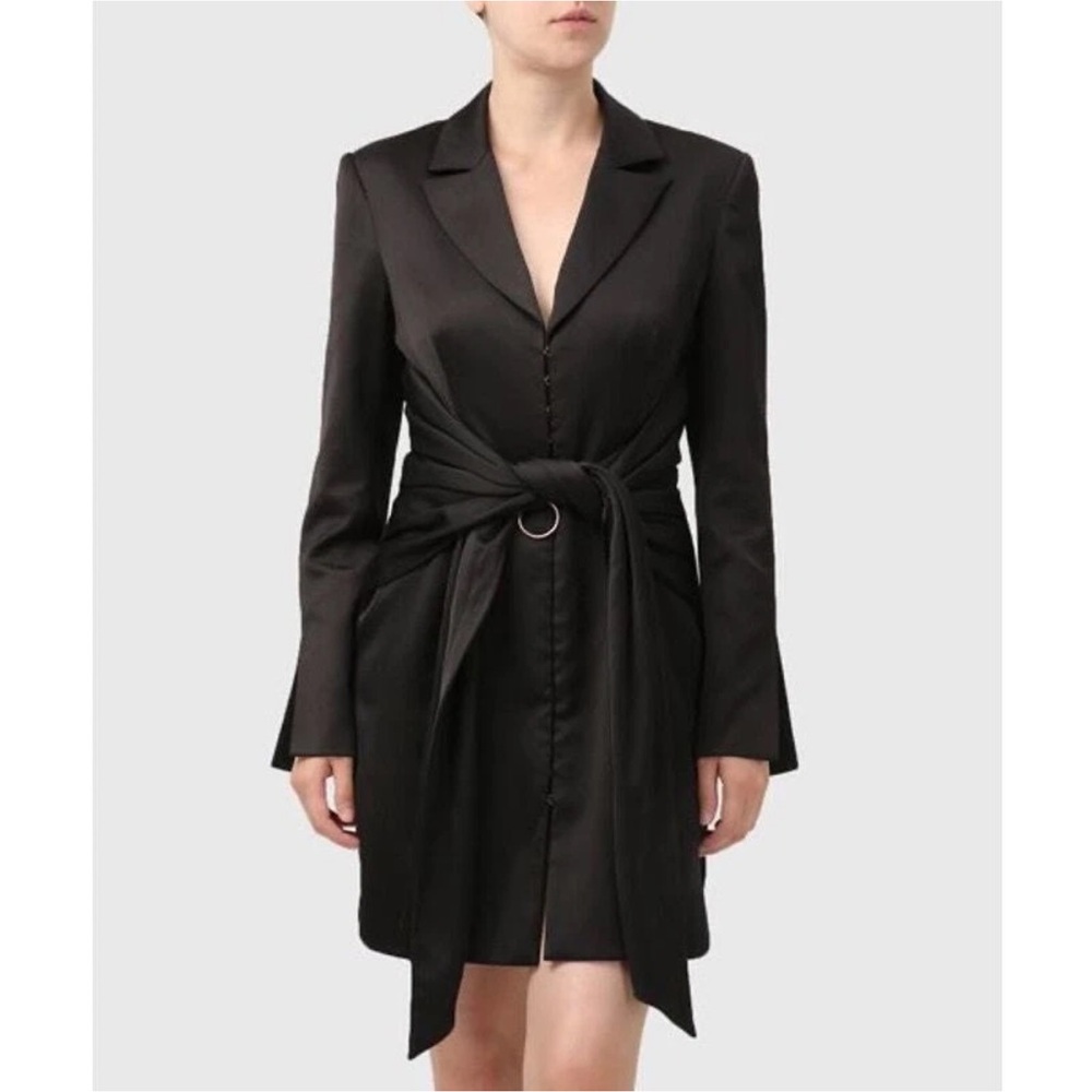 Misha Teagan Black Long Sleeve Blazer Collar Tie Waist Satin Dress Sz 0 PERFECT